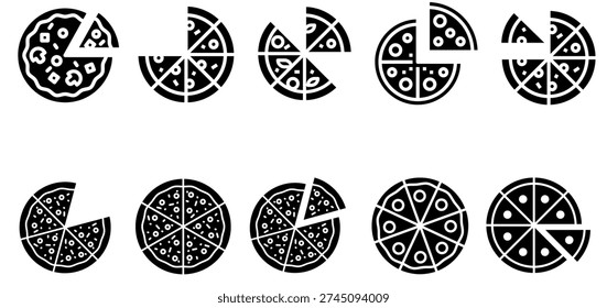 Pizza silhouette icon set in vector style showing whole pies, slice arrangements, toppings, and fast food designs for culinary, branding, and menu templates. EPS Vector.