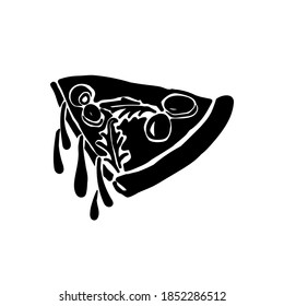 Pizza silhouette with olives, mozzarella and greens, a piece of pastry with a filling, logo for a menu or food packaging vector illustration for creatiivity