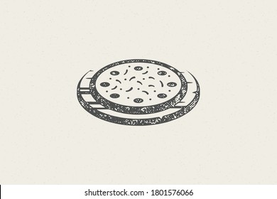 Pizza silhouette with tomatoes and mushrooms fast food hand drawn stamp effect vector illustration. Vintage grunge texture symbol for packaging and fast food restaurant menu design or label decoration