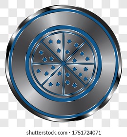 Pizza simple icon vector on metal round button. Transparent grid