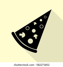 Pizza simple sign. Black icon with flat style shadow path on cream background.