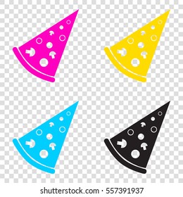 Pizza simple sign. CMYK icons on transparent background. Cyan, magenta, yellow, key, black.
