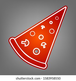 Pizza simple sign. Flat red icon with linear white icon with gray shadow at grayish background. Illustration.