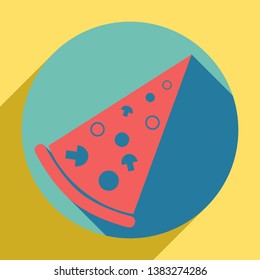 Pizza simple sign. Sunset orange icon with llapis lazuli shadow inside medium aquamarine circle with different goldenrod shadow at royal yellow background.