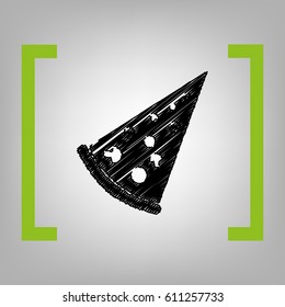 Pizza simple sign. Vector. Black scribble icon in citron brackets on grayish background.