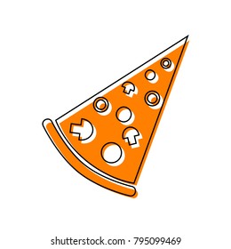 Pizza simple sign. Vector. Black line icon with shifted flat orange filled icon on white background. Isolated.