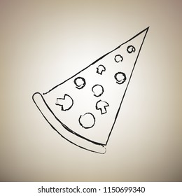 Pizza simple sign. Vector. Brush drawed black icon at light brown background.