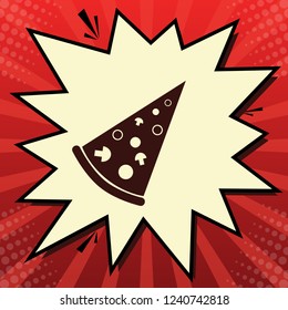 Pizza simple sign. Vector. Dark red icon in lemon chiffon shutter bubble at red popart background with rays.