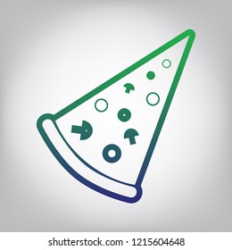 Pizza simple sign. Vector. Green to blue gradient contour icon at grayish background with light in center.