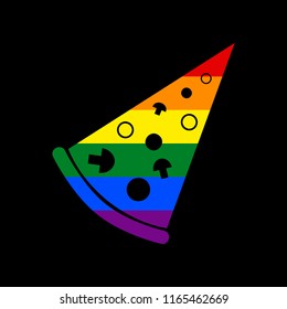 Pizza simple sign. Vector. Icon with colors of LGBT flag at black background.