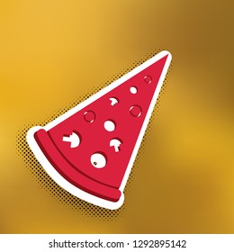 Pizza simple sign. Vector. Magenta icon with darker shadow, white sticker and black popart shadow on golden background.