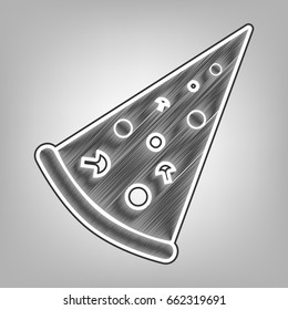 Pizza simple sign. Vector. Pencil sketch imitation. Dark gray scribble icon with dark gray outer contour at gray background.