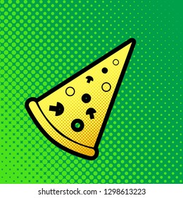 Pizza simple sign. Vector. Pop art orange to yellow dots-gradient icon with black contour at greenish background.