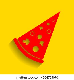 Pizza simple sign. Vector. Red icon with soft shadow on golden background.