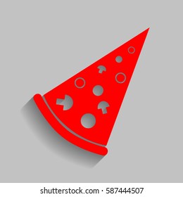 Pizza simple sign. Vector. Red icon with soft shadow on gray background.