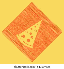 Pizza simple sign. Vector. Red scribble icon obtained as a result of subtraction rhomb and path. Royal yellow background.