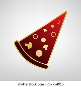 Pizza simple sign. Vector. Red icon on gold sticker at light gray background.