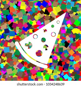 Pizza simple sign. Vector. White icon on colorful background with seamless pattern from squares.