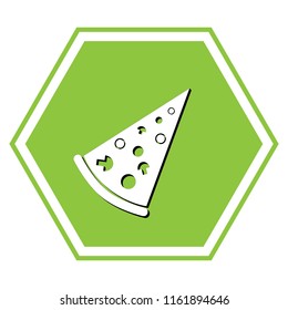 Pizza simple sign. Vector. White icon with black shadow at yellow green honeycomb on white background.