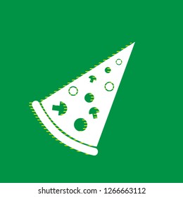 Pizza simple sign. Vector. White flat icon with yellow striped shadow at green background.