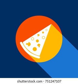 Pizza simple sign. Vector. White icon on tangelo circle with infinite shadow of light at cool black background. Selective yellow and bright navy blue are produced.
