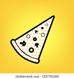 Pizza simple sign. Vector. Yellow polka dot white icon with black contour at warm yellow background.