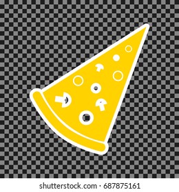 Pizza simple sign. Vector. Yellow icon with white contour on dark transparent background.