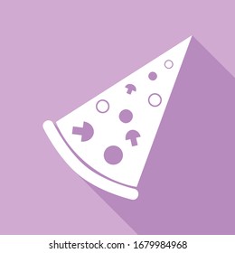 Pizza simple sign. White Icon with long shadow at purple background. Illustration.