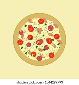 Pizza. Single flat color icon. Vector illustration.pizza with smoked sausage pepper, tpmatp, onion, basil, pepperoni,, mushroom and olives