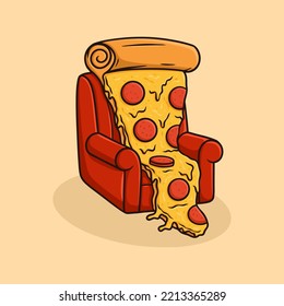 Pizza Sitting On The Red Sofa Cartoon Vector Illustration