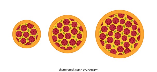 Pizza sizes progression. Vector infographic illustration. Small, medium and large.