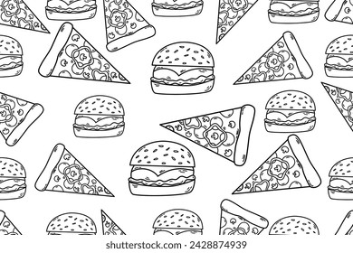  Pizza sketch.  Hand drawn fast food doodle pattern