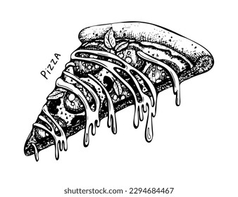 Pizza sketch. Italian food. Filled pastries, salami, stretchy cheese. hand drawn vector illustration.