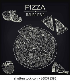 Pizza sketch on a black board