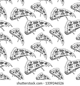 Pizza sketch pattern. Hand painted pizza slices, seamless pattern on a transparent background. Black seamless vector pattern without background