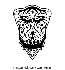 Pizza skull, spooky fast food vector illustration in vintage monochrome style isolated on white background