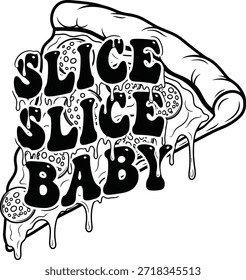 Pizzaschnitte Babyscheibe Vektorgrafik Fast Food Typografie leckeres Essenkonzept einzeln schwarz auf transparentem Design für italienisches Restaurant und hungrige Esser