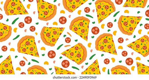 Pizza slice backdrop. Cartoon pizza pattern on white background. Vector illustration EPS 10