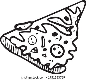 Pizza slice - black and white iconfor street food or fast food restaurant. Isolated image on white background. Vector illustration made after hand drawn sketch.