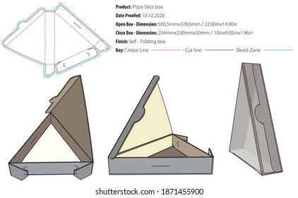 Caja de rodajas de pizza base de tres esquinas con panel posterior redondeado - apertura de tapa completa recerrable con plantilla de empaquetado de dispositivo de bloqueo - vector