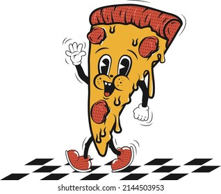 Pizza slice boy in retro style. Pizza with pepperoni and cheese. Food vector collection.