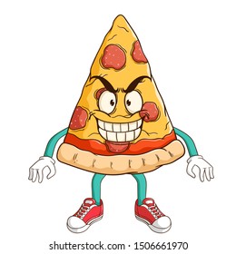 Pizza slice cartoon character with funny evil smile expression