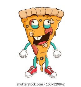 Pizza slice cartoon character with funny stupid or crazy expression