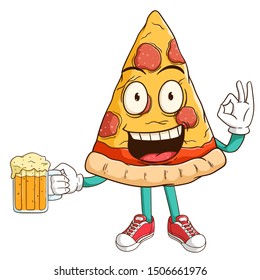 Pizza slice cartoon character holding a beer glass with funny smile face