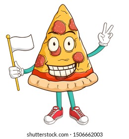 Pizza slice cartoon character holding a white flag with peace hand sign and funny smile face