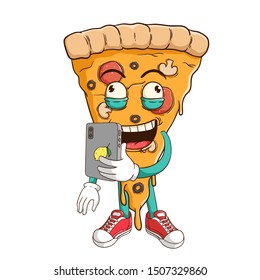 Pizza slice cartoon character holding smartphone and do selfie with funny expression