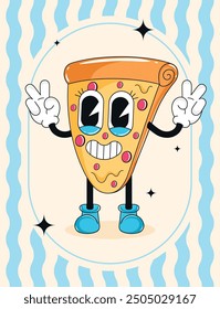 Pizza slice cartoon character with peace sign Vector