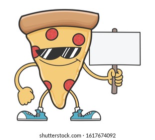 pizza slice cartoon character with sunglasses holding sign post isolated on white background