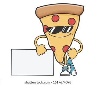 pizza slice cartoon character with sunglasses leaning on sign isolated on white background