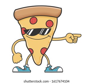 pizza slice cartoon character with sunglasses pointing isolated on white background